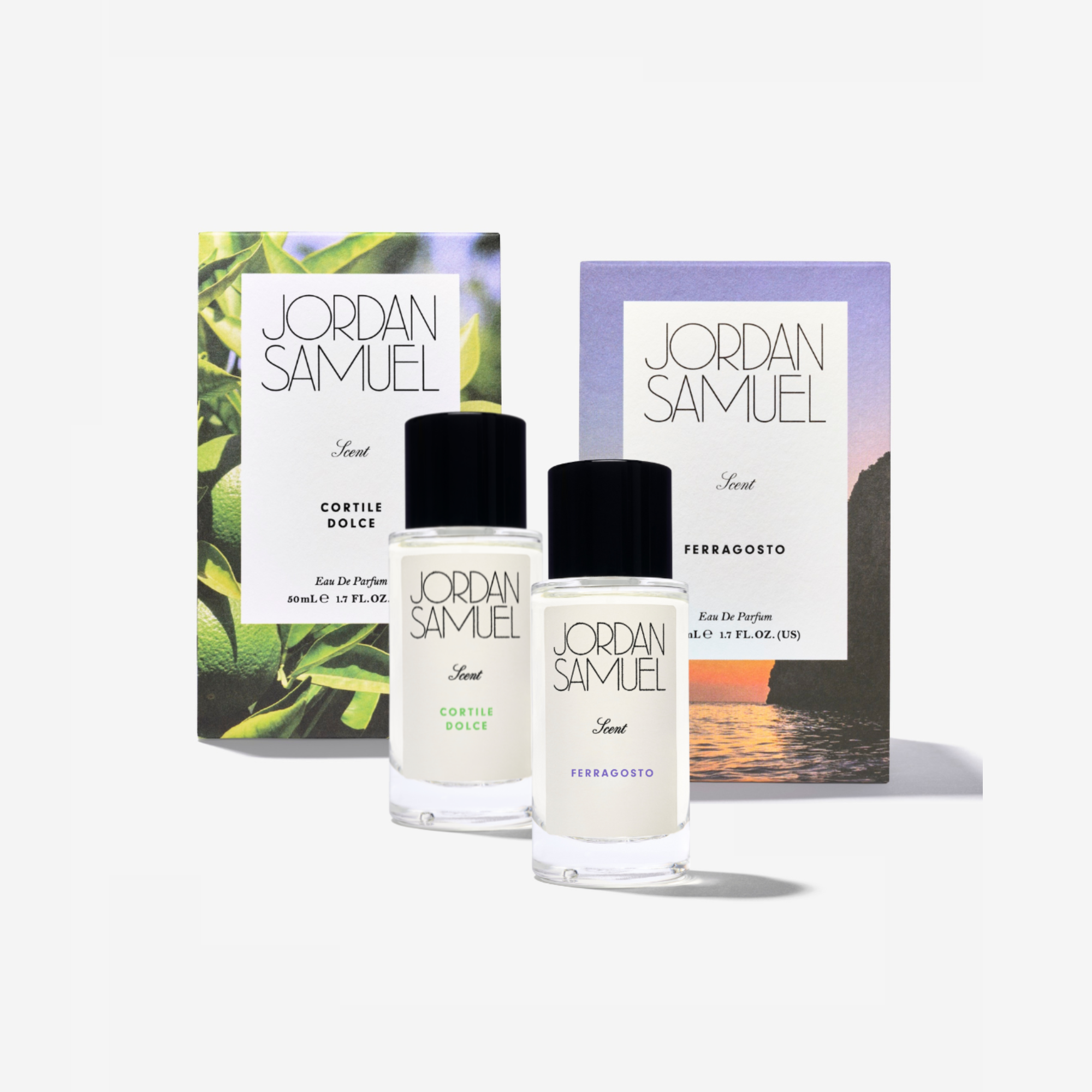 Ferragosto and Cortile Dolce fragrance bottles framed by their printed boxes with scenes of lime groves and a Caprese sunset