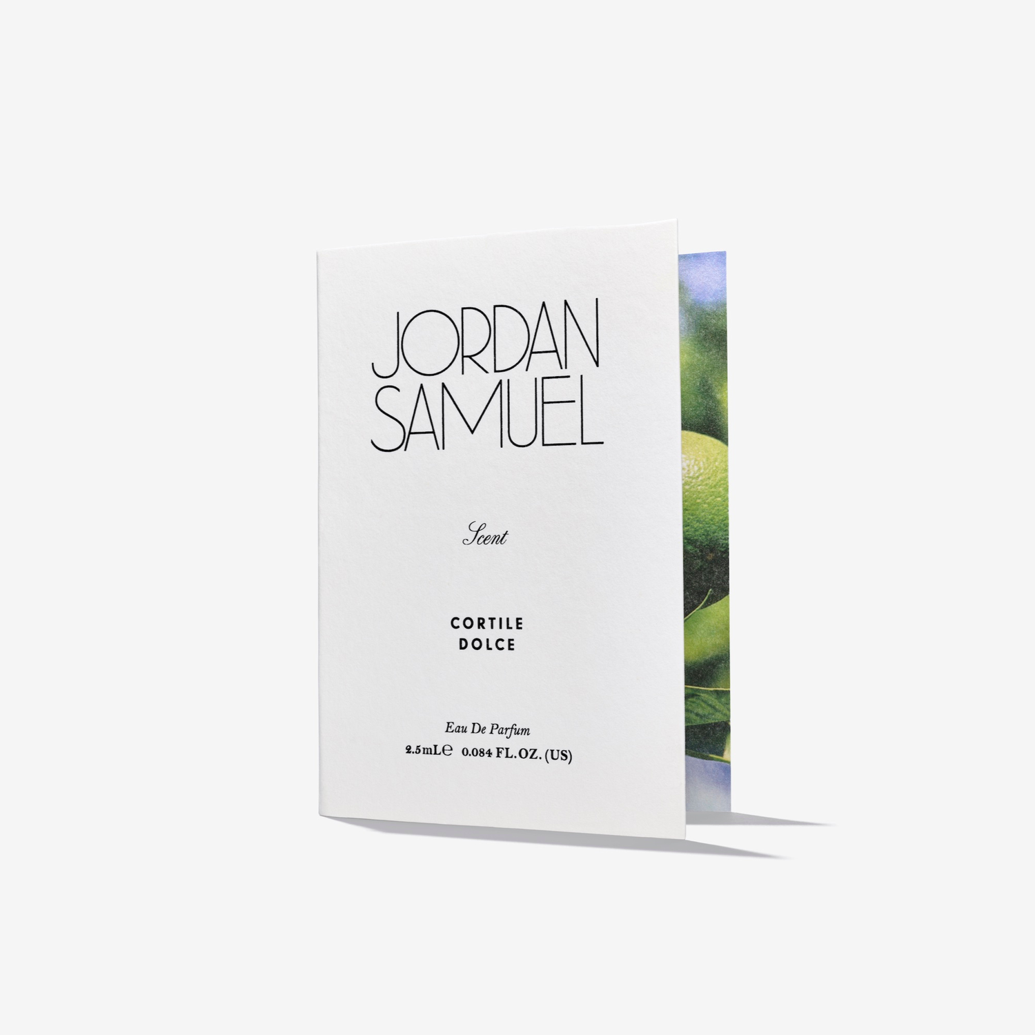 Jordan Samuel Cortile Dolce perfume sample card packaging on a white background