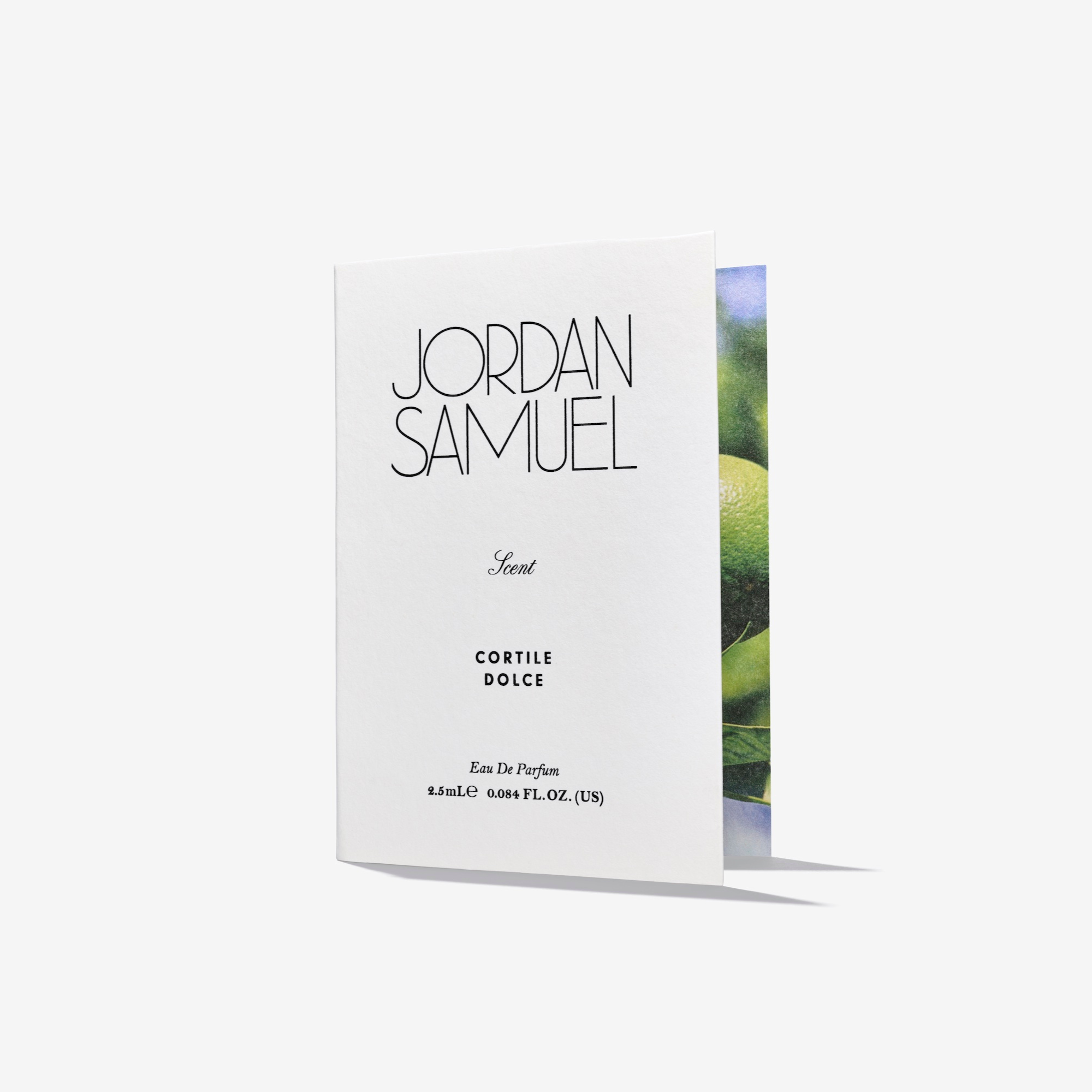 Jordan Samuel Cortile Dolce perfume sample card packaging on a white background