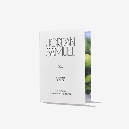 Jordan Samuel Cortile Dolce perfume sample card packaging on a white background