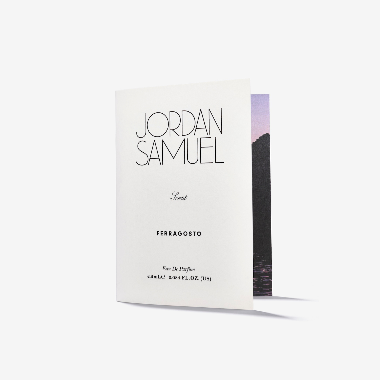 Jordan Samuel Ferragosto perfume sample card packaging on a white background