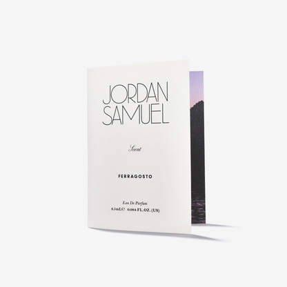 Jordan Samuel Ferragosto perfume sample card packaging on a white background
