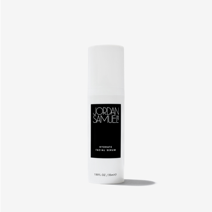 Hydrate Facial Serum product image - White skincare pump bottle with black label on a white background